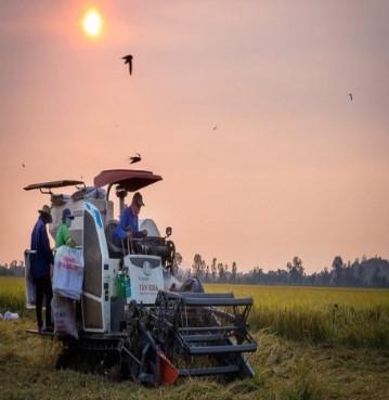 A group of people on a machine in a field

Description automatically generated